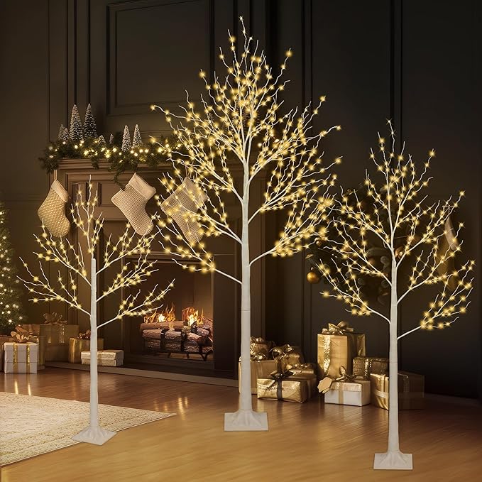 HUGROVE Lighted Birch Tree,4FT/5FT/6FT White Twinkle Christmas Tree with LED,Warm White,Adjustable Branches, Artificial Birch Tree Lights with Timer,Indoor & Outdoor & Christmas Use (Branches)