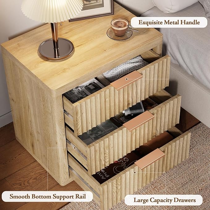 Night Stand with 3 Drawers, 23" Wide Modern Bedside Table with Large Storage, Fluted Bed Side End Table with Metal Handle, Tall Nightstand for Bedroom, Living Room, Office, Nature, Set of 2