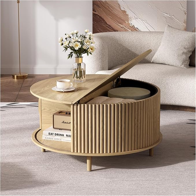 Round Coffee Table with Storage, 31.5" Modern Fluted Drum Coffee Table, Wood Circle Center Table with Sliding Doors & Hidden Compartment for Small Apartment Living Room,Oak