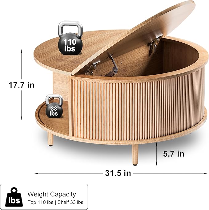 Round Coffee Table, 31.5" Fluted Center Table with Storage, Lift-Top Coffee Table with Adjustable Footpads, Sliding Door, Mid-Century Modern Center Table for Living Room, Small Space (Nature)