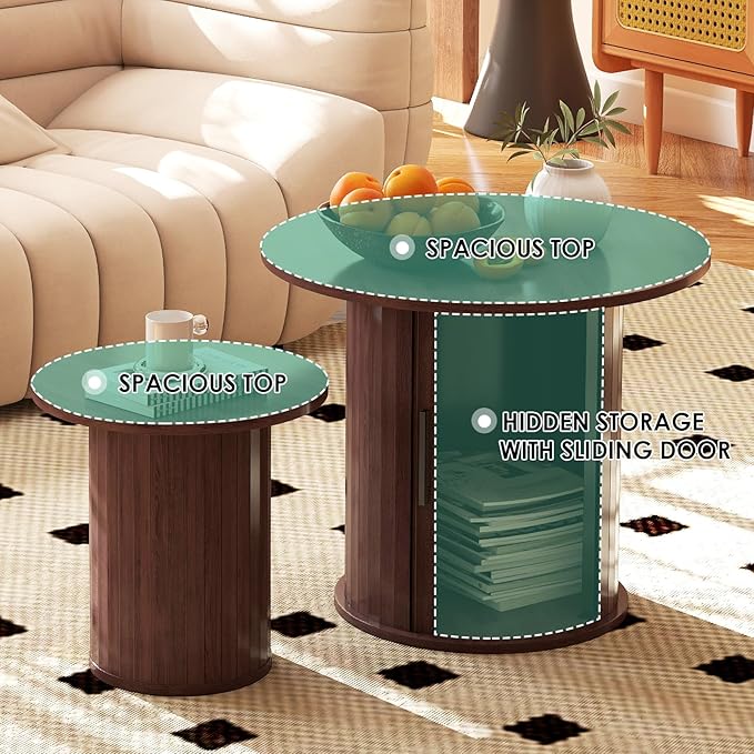 COSVALVE Nesting Coffee Table Set of 2 with Hidden Storage & Sliding Door, Circle Wood Coffee Table, Farmhouse Side & End Table Sets for Living Room, Small Spaces, Walnut