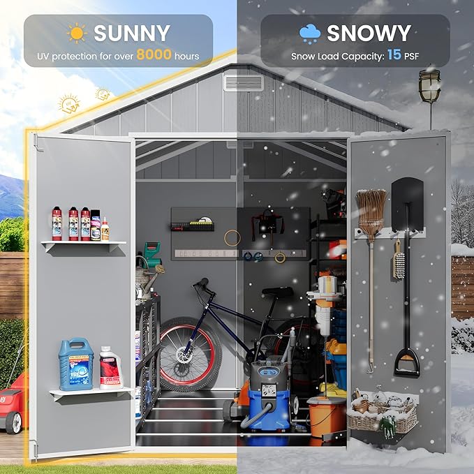 Amopatio Outdoor Storage Shed with Floor, 8x10 FT Lockable Plastic Tool Shed with Ventilation, Waterproof Resin Garden Sheds for Backyard, Patio, Lawn and Bike Grey