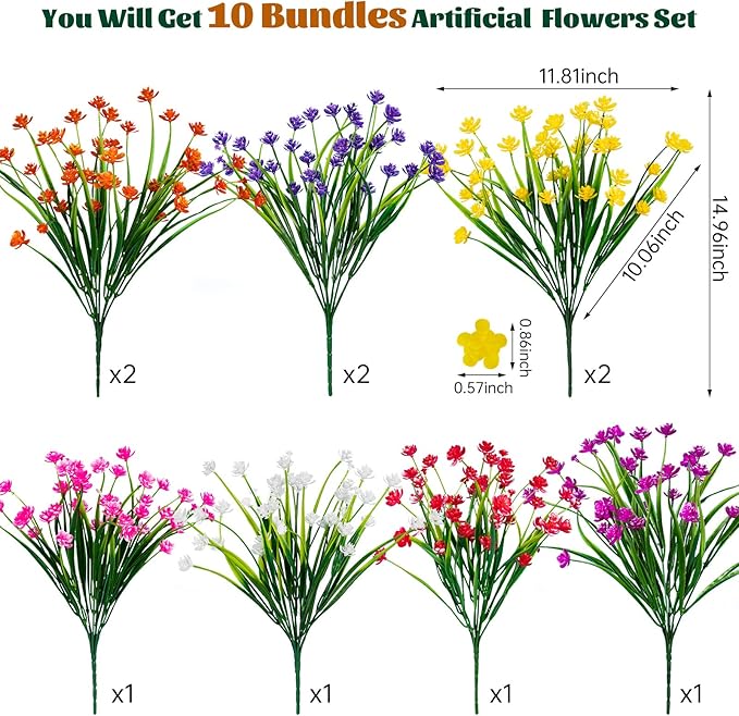 Lnoicy 10pcs Artificial Flowers for Outdoor,Plastic Flowers Decoration, UV Resistant Faux Flowers Shrubs, Artificial Plants for Indoor Outside Garden Home Wedding Farmhouse(7 Colors)