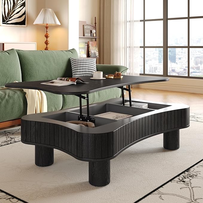 WILLIAMSPACE 42" Lift Top Coffee Table with Hidden Storage, Modern Luxury Wooden Center Table with Silent Hydraulic Lift, Curved Safety Corners, Accent Side Tea Table for Living Room, Black