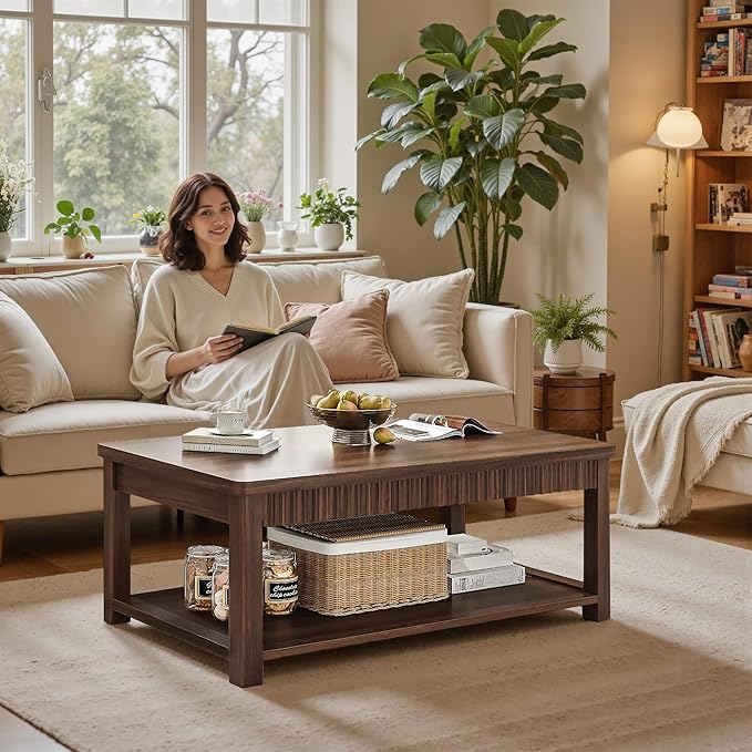 Coffee Table, 39 Inch Modern Coffee Tables for Living Room with 2-Tier Storage & Wave-Edge, Walnut Center Table for Bedroom/Office