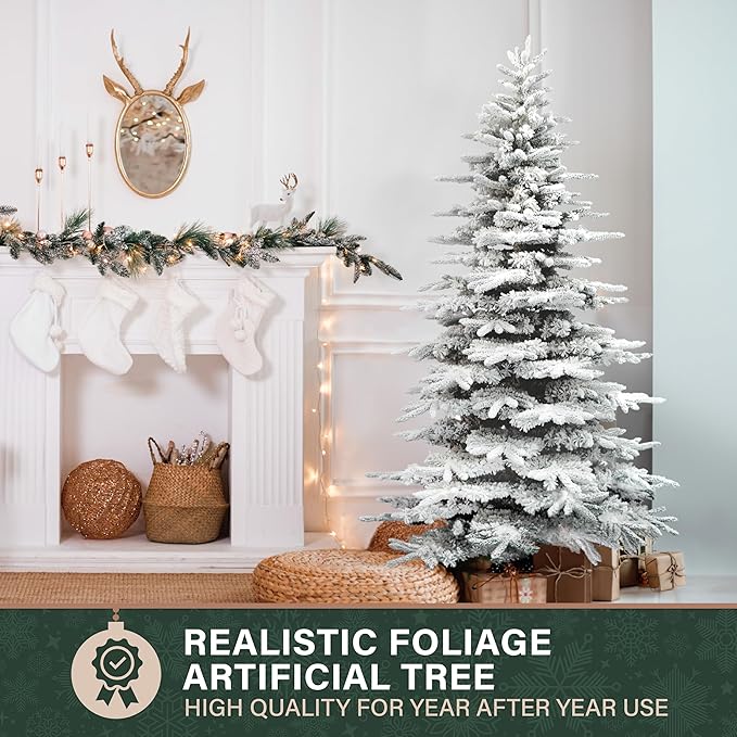 Fraser Hill Farm Pine Valley Flocked Christmas Tree, 6.5 Feet Tall | Holiday Tree with Metal Base Perfect Home Decor | Snowy Xmas Tree with No Attached Lights | FFPV065-0SN