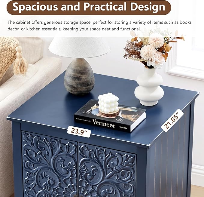 End Table Set of 2, 24" Farmhouse Nightstand with Carved Floral Door & Adjustable Shelf, Square Wooden Sofa Side Table with Storage for Living Room Bedroom (Midnight Blue)