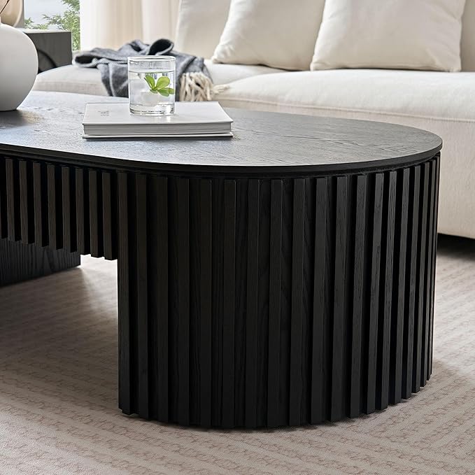 51.18'' Oval Coffee Table for Living Room Fluted Center Table with Drawer, Mid Century Modern Coffee Tables, Easy Assembly for Office Storage Tea Table Black