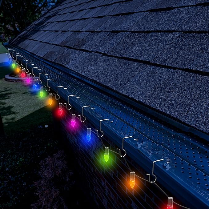 60 Pcs Christmas Gutter Light Hooks, Stainless Steel Christmas Gutter Clips, Outdoor Mesh Light Hanger Hook for Xmas Halloween Holiday Party Hanging Decoration