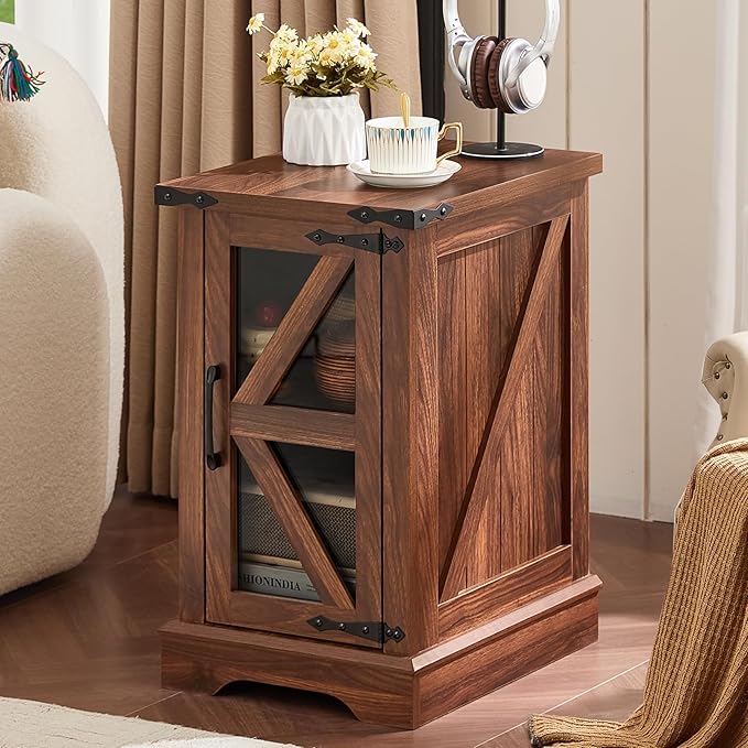 Narrow Night Stand for Small Spaces, Farmhouse Side End Table with Glass Barn Door Storage, Wood Bedside Tables, Retro Nightstand Cabinet Organizer for Living Room Bedroom