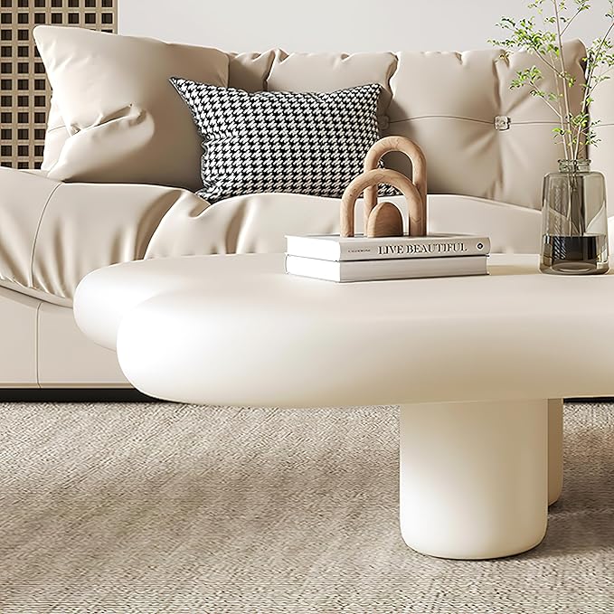 48 Inch Cloud Coffee Table, Modern Cream Coffee Table for Living Room, Large Wood Coffee Side Table with Irregular Tabletop and 4 Sturdy Legs for Home Office Bedroom