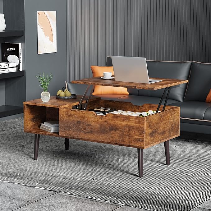 Sweetcrispy Lift Top Coffee Tables for Living Room, Small Rising Wooden Center Tables with Storage Shelf and Hidden Compartment, Brown