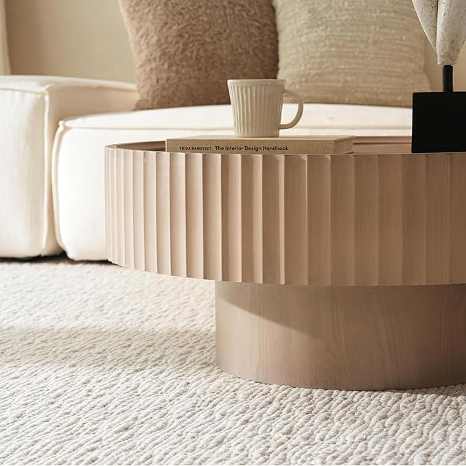 Round Coffee Table with Storage, 30.3” Fluted Drum Modern Living Room Table, Mushroom Shape Wood Gray Center Tables, Accent Coffee Tables for Living Room, Apartment(30.3''L×13.7''H)