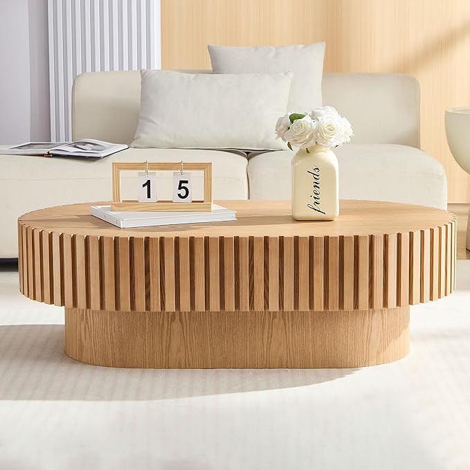 WILLIAMSPACE 43.7" Oak Oval Coffee Table, Mid Century Modern Luxury Wood Drum Center Table for Living Room, Handcraft Accent Side Tea Table for Apartment, 43.7"*24.8"*13.78"H (Oak)