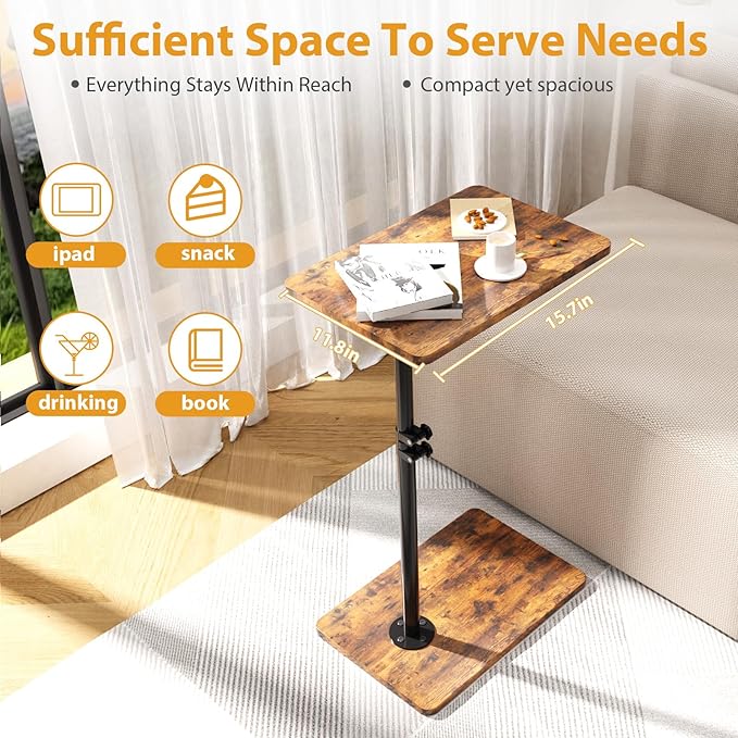 TV Tray Table, Adjustable C Shaped End Table for Couch, 360°Swivel Couch Side Table C Table That Slide Under Couch Desk for Small Space Sofa Bed Snack Living Room Bedroom(Rustic)