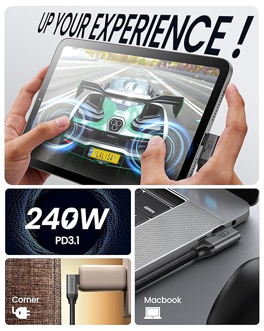 Silkland 20Gbps USB C Data Cable Right Angle, Short 1FT 90 Degree USB C 3.2 Gen 2x2 High Speed Data Transfer Cable, 5K/4K 60Hz Monitor Cable, 240W PD, Type C Data Compatible for SSD, Hub, Dock,eGPU