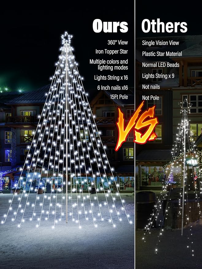 Flacchi 16 FT 664 LED Star String Lights Outdoor - Pole Set with Remote, Multiple Lighting Modes, Timer, and Waterproof Feature for Ultimate Holiday Decor (Cool White & Multicolor)