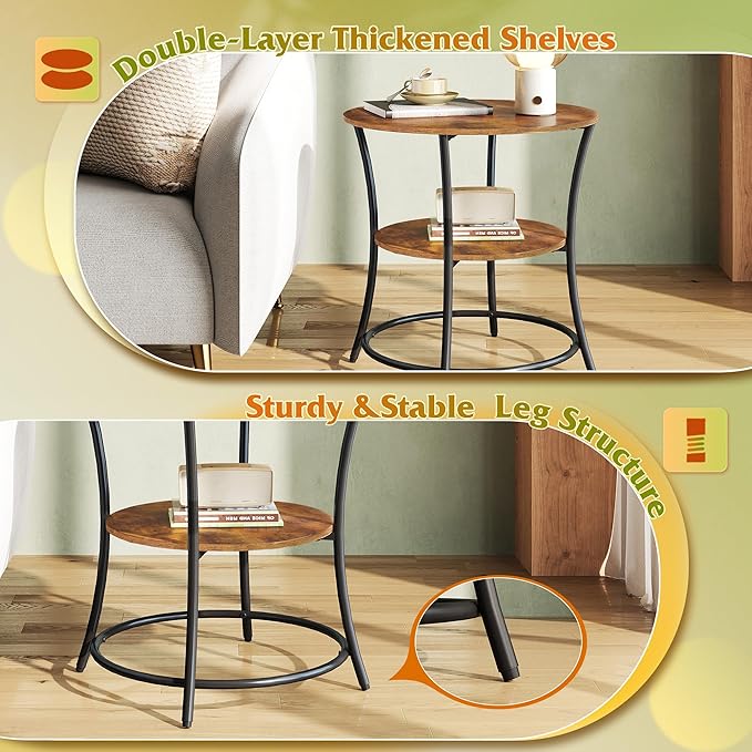 WLIVE Side Table, Round End Table with 2 Storage Shelves for Living Room, Bedroom, Nightstand with Steel Frame for Small Spaces, Accent Coffee Table, Rustic Brown