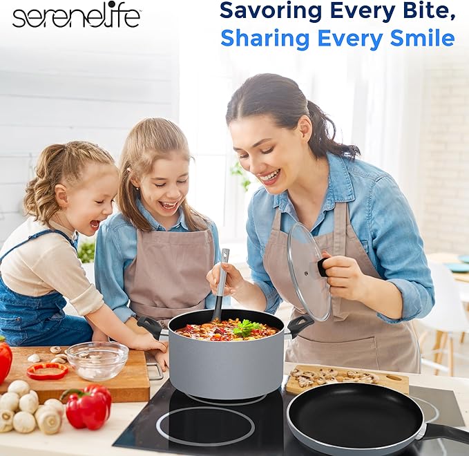 SereneLife Kitchenware Nonstick Cookware set, Non-Stick Coating Inside, Basic Kitchen Pots and Pans set, Heat Resistang Lacquer (11 Piece set), One Size, Gray