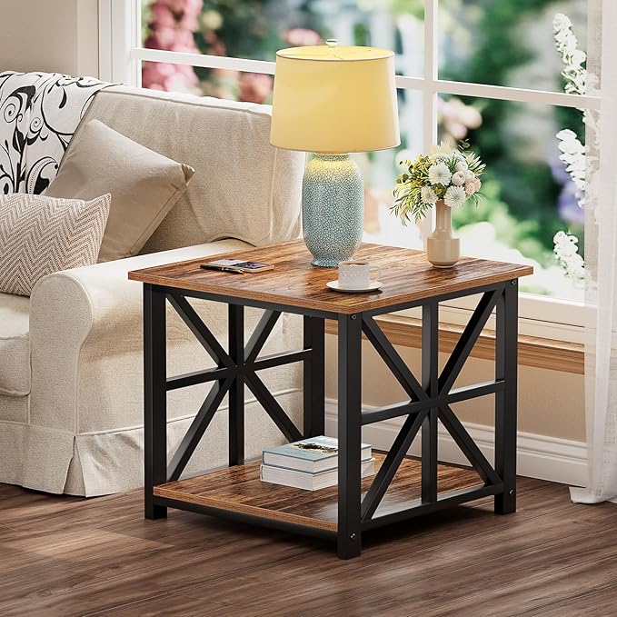 GreenForest End Table with 2-Tier Storage Shelf, 19.7 inch Side Table for Living Room, Modern Nightstand Bedside Table for Bedroom Office, Walnut