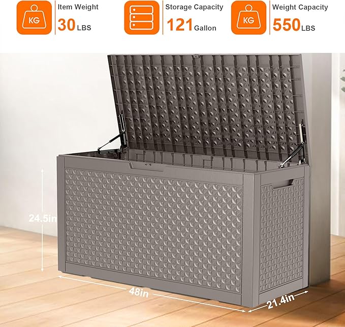 121 Gallon Deck Box with Lock - Resin Waterproof Outdoor Storage Box for Patio Furniture,Garden Tools,Cushions,Pool Accessories(Grey)