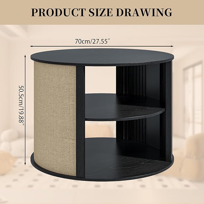 Black Round Coffee Table with Storage, 2-Tier Boho Wood Center Coffee Table with Adjustable Shelf, Sackcloth Finish, Farmhouse, Mid Century Modern, for Living Room, 27.5 Inches
