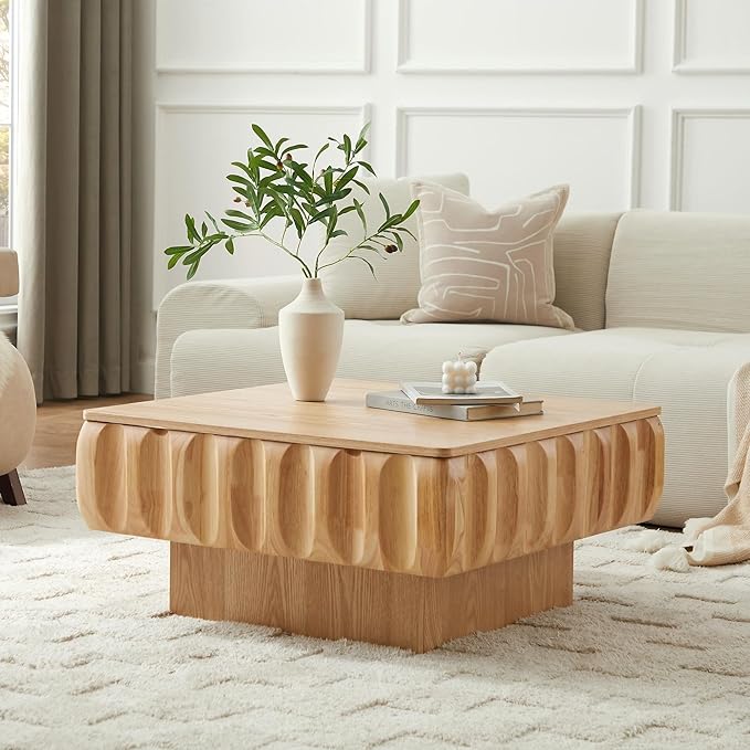31.1" Square Lift-Top Coffee Table, Modern Fluted Tea Table with Hidden Storage for Living Room, Apartment or Office, Nature
