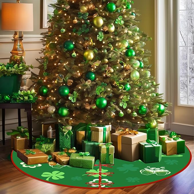 36 Inch Valentine's Day Tree Skirt Love Heart Clover Double Sided Print Mat St. Patrick's Day Tree Skirt Christmas Tree Skirt for Holiday Party Decoration