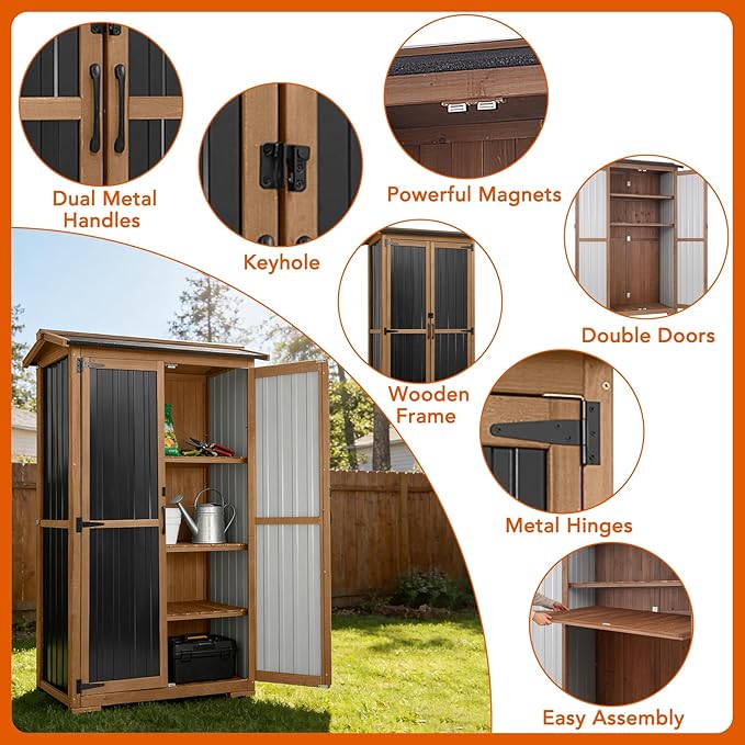 Outdoor Storage Cabinet, Wood & Metal Storage Shed with Weatherproof Roof, 3 Removable Shelves, Lockable Door, Adjustable Feet, Outside Storage Cabinet for Patio