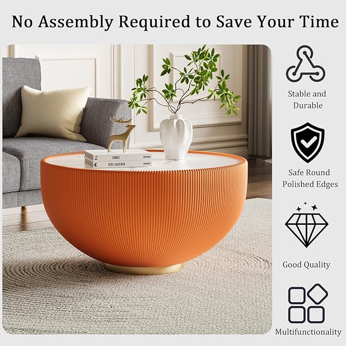 29.53" Orange Round Coffee Table, Drum Coffee Table with Sintered Stone Tabletop and Fluted PU Leather Covered and Metal Base, Circle Cocktail Tea Table for Living Room