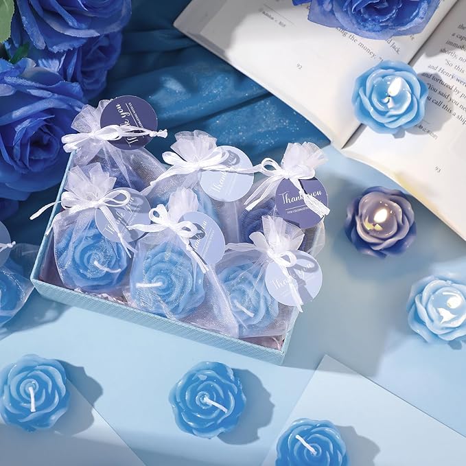 Treela 24 Set Flower Candles Wedding Favor for Guests Mini Blue Rose Shaped Tealight Candles for Return Gift Wedding Birthday Bridal Shower Housewarming Party