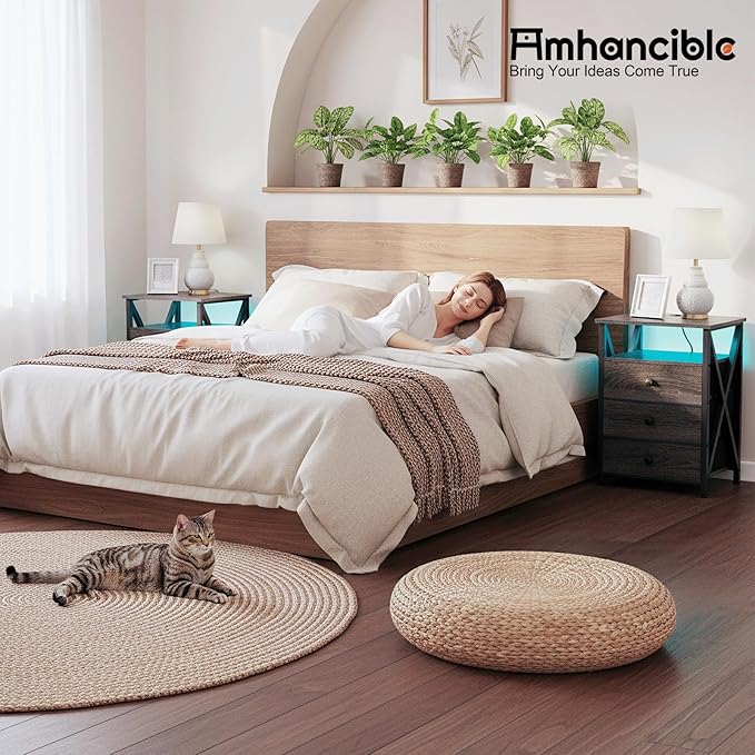 AMHANCIBLE LED Nightstand with Charging Station, Smart End Side Table with USB Port & Power Outlet, Bedside Table with Fabric Drawers for Bedroom, Living Room, Dark Grey, HET053LDG-1