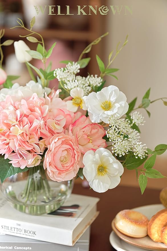 Artificial Flowers in Vase, WELL KNOWN Fake Silk Peony Tulip Hydrangea Pink & White Flower Bouquet Arrangement with Faux Water Centerpieces, Fake Flowers for Home Wedding Dining Table Party Decor Gift
