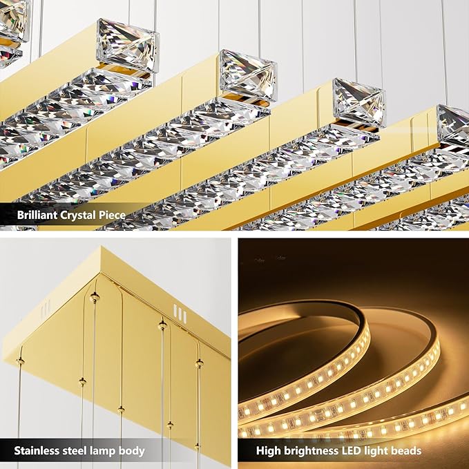 Modern LED Crystal Chandelier Gold Linear Crystal Chandeliers for Dining Room 7lights for Dining, Living Room, Kitchen Island, Bedroom
