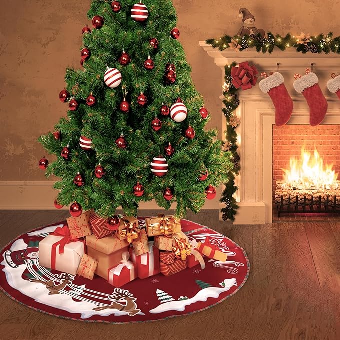 36 Inch Christmas Tree Skirt, Burlap Xmas Tree Mat with Snowflake & Reindeer, Red and White Rustic Xmas Tree Skirt Christmas Decorations for Party Indoor Merry Christmas Base Cover for Tree