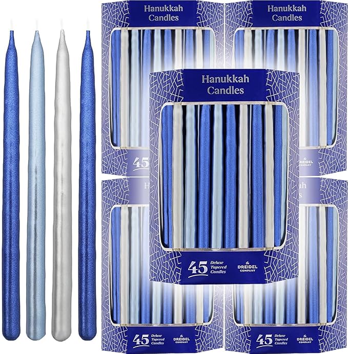 The Dreidel Company 5-Pack Metallic Multi Blue & Silver Hanukkah Candles 1-Hour Burn Time Premium Tapered Hand Decorated Chanuka Candles, 45 Candles for All Eight Nights of Hanukkah