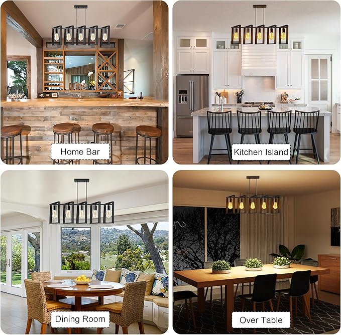 5-Light Island Lights for Kitchen, Rectangular Black Metal Kitchen Island Chandelier 41.3" Adjustable Rustic Modern Dining Room Light Fixtures Over Table, Chandeliers for Dining Room
