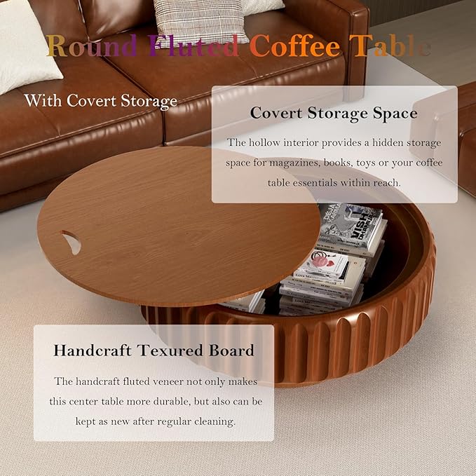 31.5" Round Drum Coffee Table with Storage Retro Rustic Center Table - Solid Wood Handcrafted Relief Veneer for Farmhouse Apartment (A Round 31.5in)
