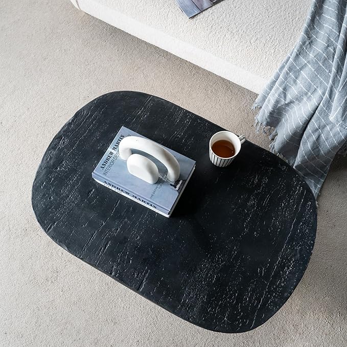 Oval Coffee Table Modern Faux Stone Circle Center Table Accent End Side Table for Living Room, Magnesium Oxide, 36" Black