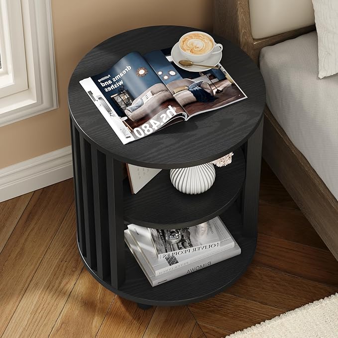 Round End Table, Wood Bedside Table, Mid Century Modern Nightstand with Open Storage Shelf, 3 Tier Small Side Tables for Living Room, Bedroom, Curved Profile Design, Black(1-Pack)