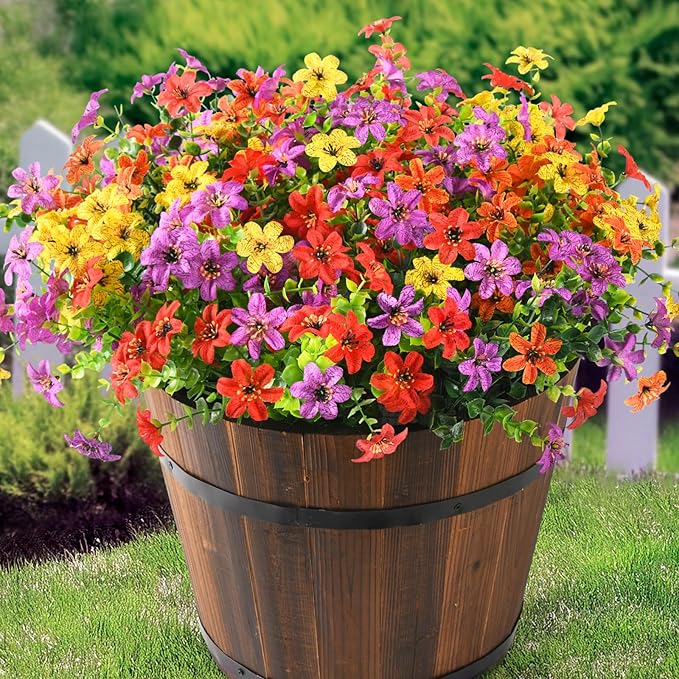 Homsunny Artificial Flowers for Outdoors Spring Home Decoration, 12 Bundles Realistic Faux Flower Daisy with Eucalyptus Stem UV Resistant Fake Plants for Patio Planter Porch Yard Window (4 Colors)