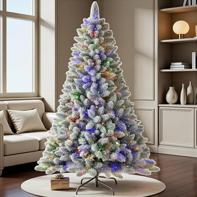 6 FT Pre-lit Snow Flocked Christmas Tree, Artificial Christmas Tree with 250 Warm White & Color LED Changing Lights, 600 PVC Branch Tips, Easy Assembly/Metal Stand/Hinged/8 Color Modes