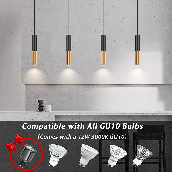 Simple and Modern Black Cylindrical Pendant, 1-Light Chandelier with Adjustable Rope, Matching GU10 Sockets for Living Room, Bedroom and Dining Room (Wide Beam Angle) (2 Pack)