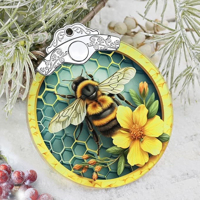 Christmas Decorations Ornaments, Stained Glass Ornament, Christmas Tree Ornaments, 2025 Gift Ornament, Xmas Gift for Friend Family Coworker - Bee