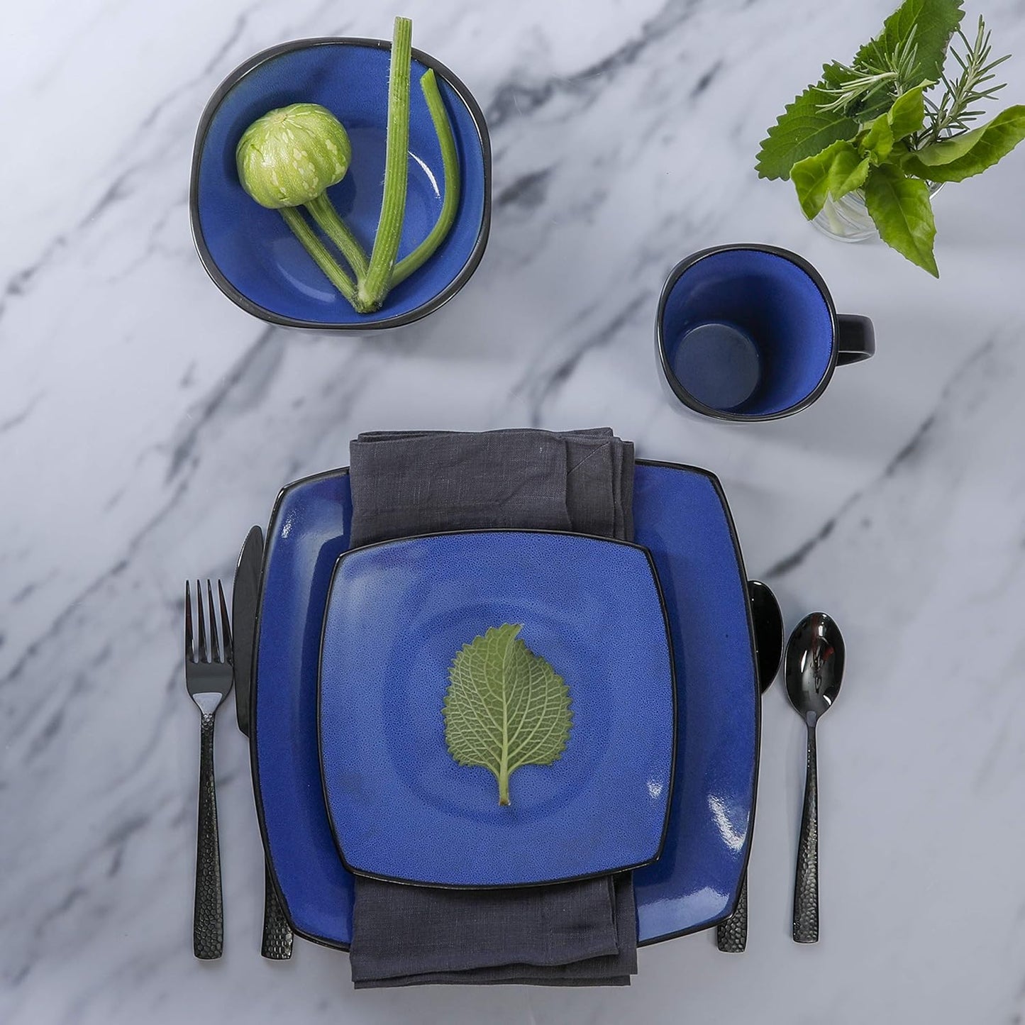 Gibson Elite Soho Lounge Square Reactive Glaze Stoneware Dinnerware Set, Service for 4 (16pc), Sapphire