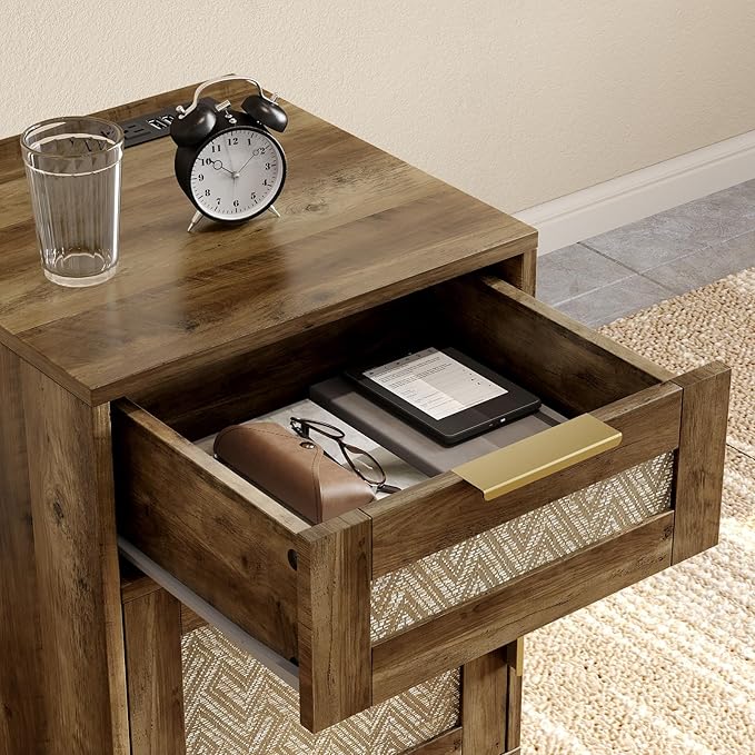 ONBRILL End Table with Storage & Charging Station, Farmhouse Wood Night Stand with Drawers, Adjustable Shelf, Bed Side Tables for Small Space, Living Room, Bedroom, Brown