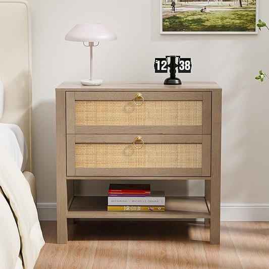 Rattan Nightstand with 2 Drawers and Storage Shelf, 26” Tall Wide Night Stand, Wood Large Bedside Table with Golden Handle for Bedroom, Side Table, Carbon Cherry