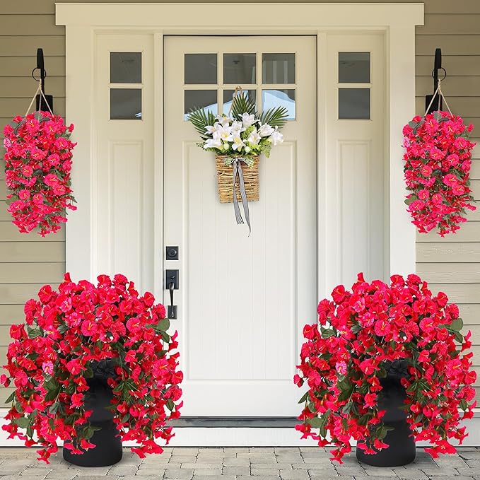 Sggvecsy Artificial Fake Hanging Flowers Plants for Outdoor Outside Spring Summer Decoration 2PCS Faux Silk UV Resistant Realistic Morning Glory Trailing Vines for Home Porch Patio Balcony(Rose red)