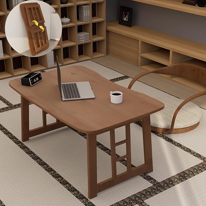 Japanese Folding Coffee Table,Bamboo Foldable Floor Low Table, Meditation Tea Table for Sitting On The Floor Suitable for Tatami Living Room Bay Window, No Assembly Required (Brown)