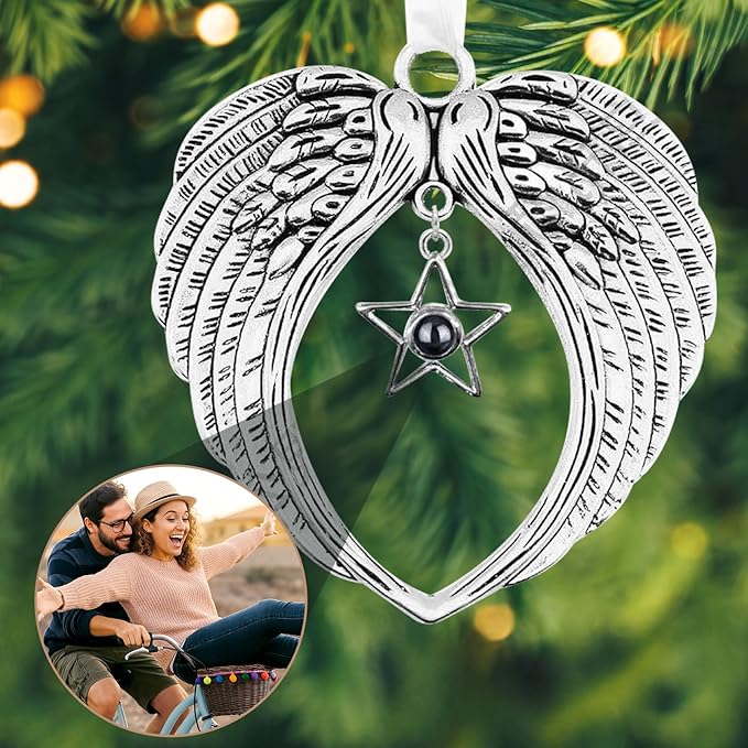 Custom Picture Ornaments, Personalized Christmas Ornaments with Photo Inside, Christmas Home Decor 2025 for Xmas Party, Memorial Christmas Ornament Gifts for Family(Angel Wings)